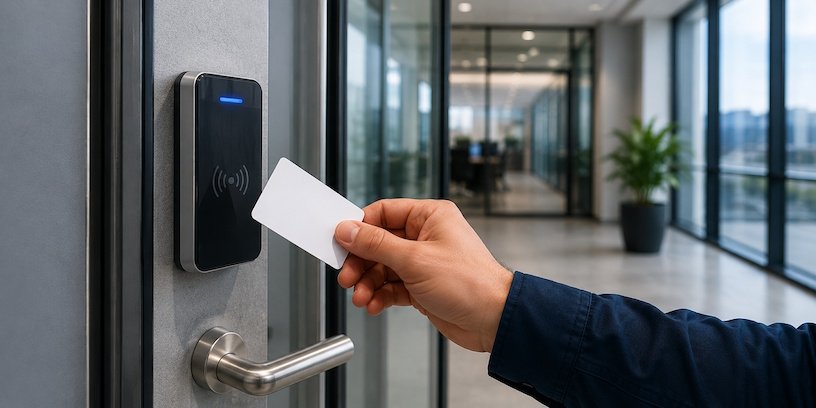 Card and fob access reader mounted beside a door